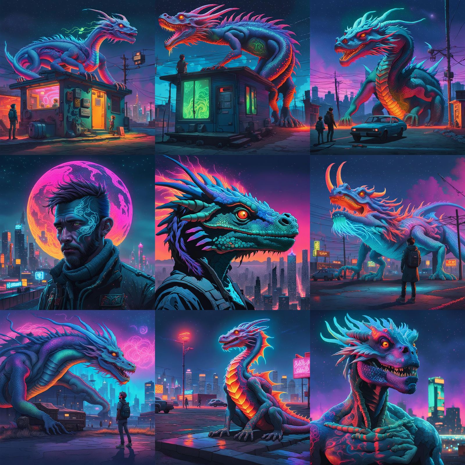 Dragon-Scaled Humans with Neon Essence in Graffiti Art Style