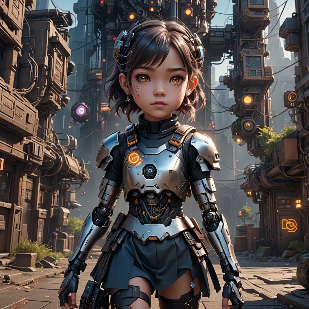Little Schoolgirl Cyborg in Cyberpunk Style