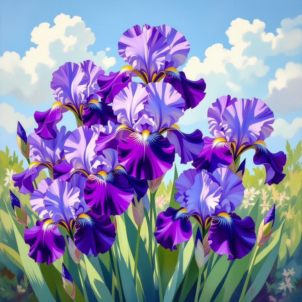 Purple Irises Garden in Alphonso Mucha Style