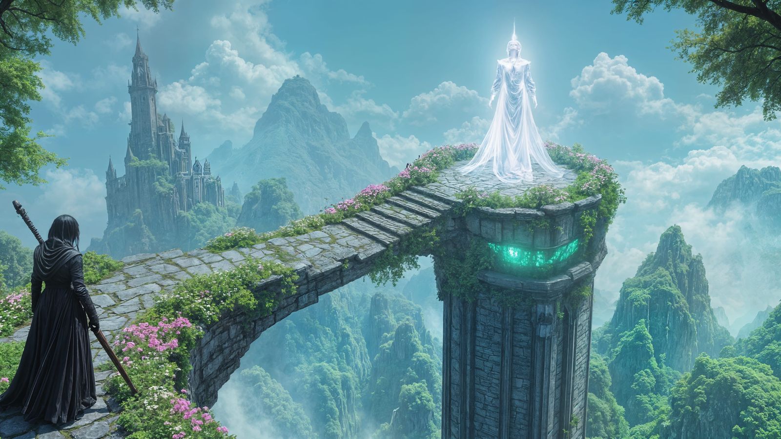 Mystical Encounter: Woman and Ghostly Guardian in Lush Realm