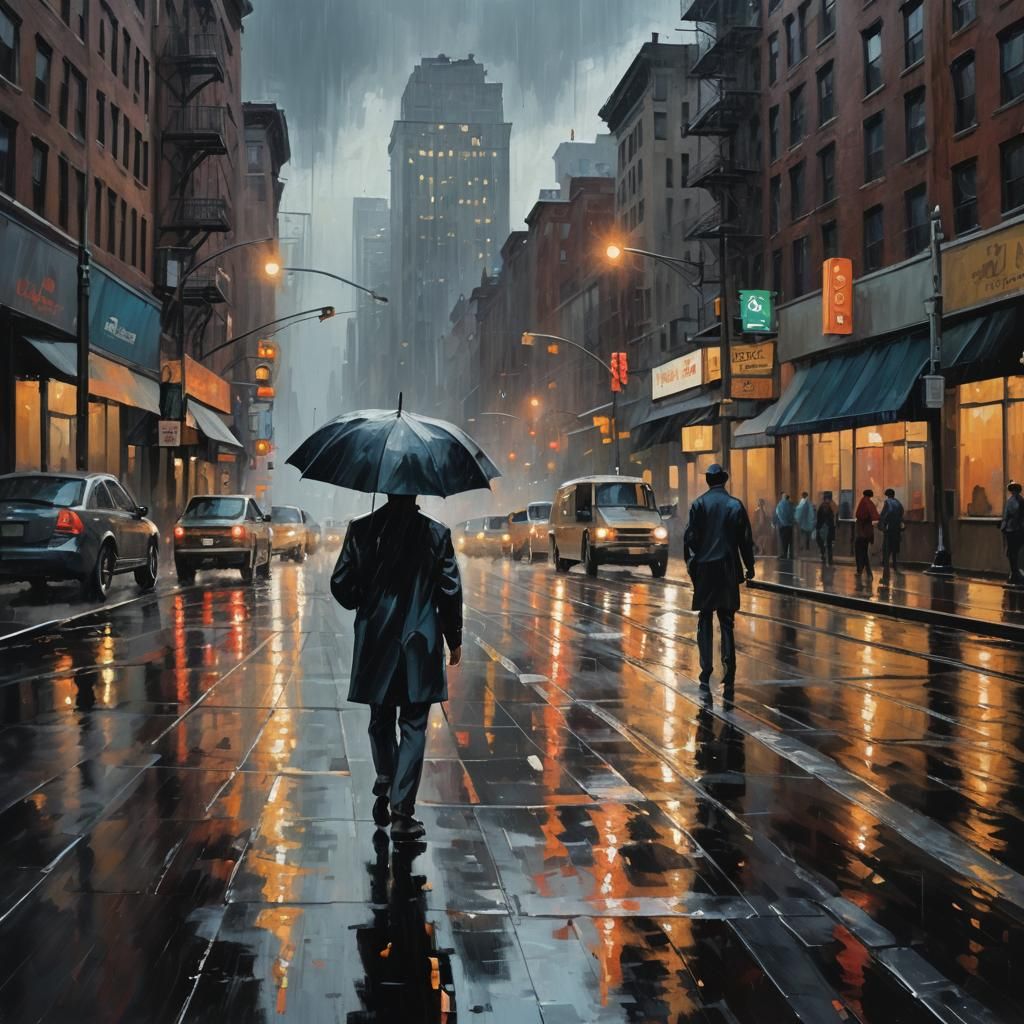 Rainy New York Street Scene Oil Painting