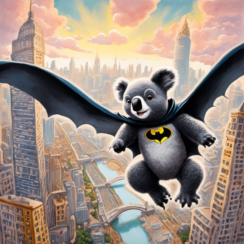 Koala Batman Flies Over Sydney in Ink Painting