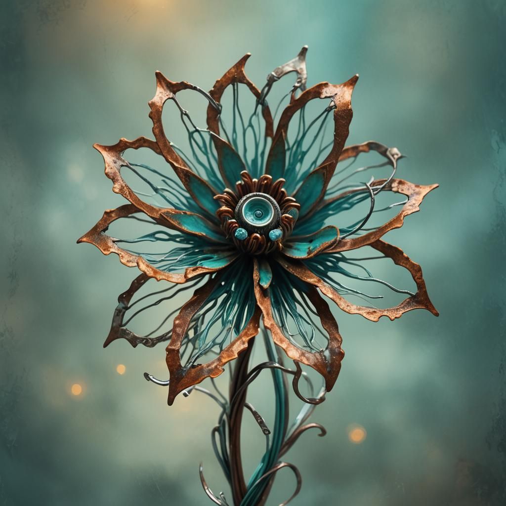 Gnarled Metal Flower Concept Art in Turquoise and Orange