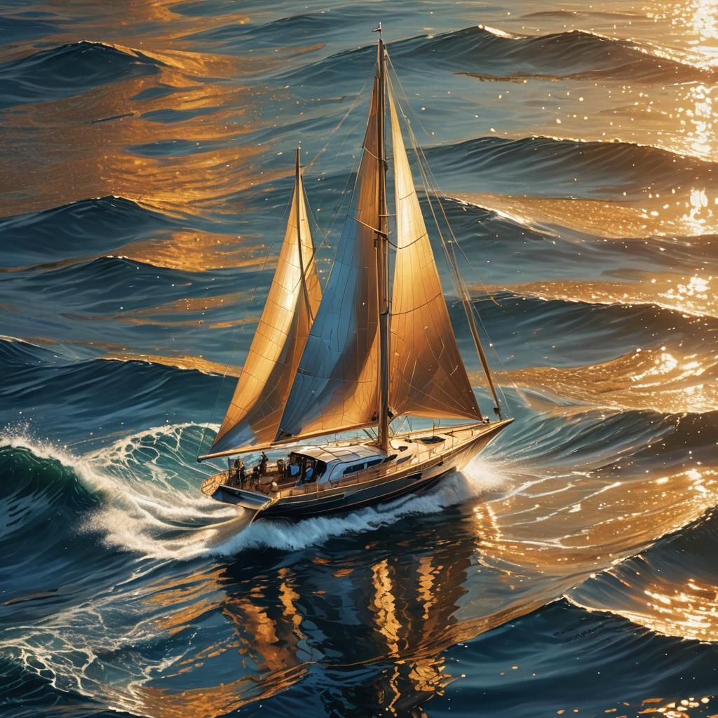 Liquid Metal Sailboat on Shimmering Ocean: Sci-Fi Illustrati...