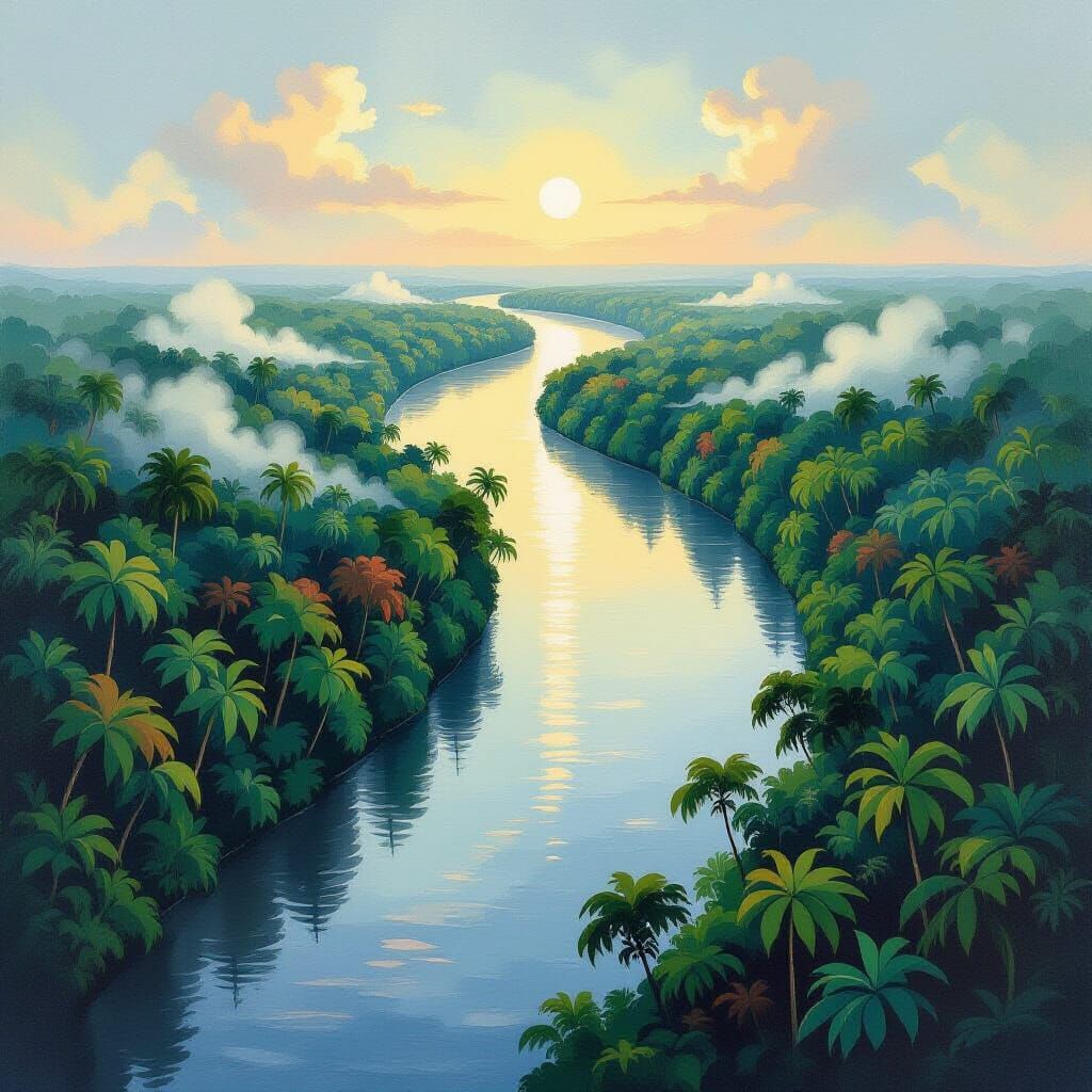Amazon River Through Jungle in Naive Impasto Style