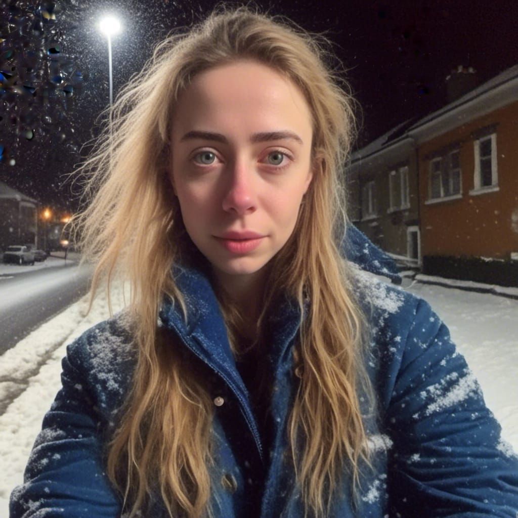 Snowy Dublin Night: Hyperrealistic Portrait of Young Woman
