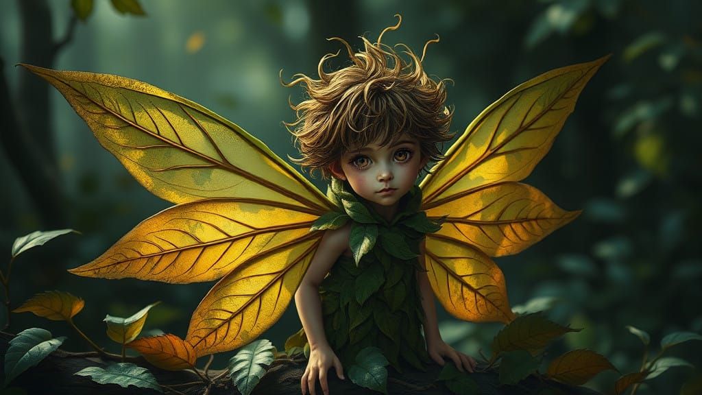 Whimsical Leaf Fairy in Encaustic-Inspired Forest Scene