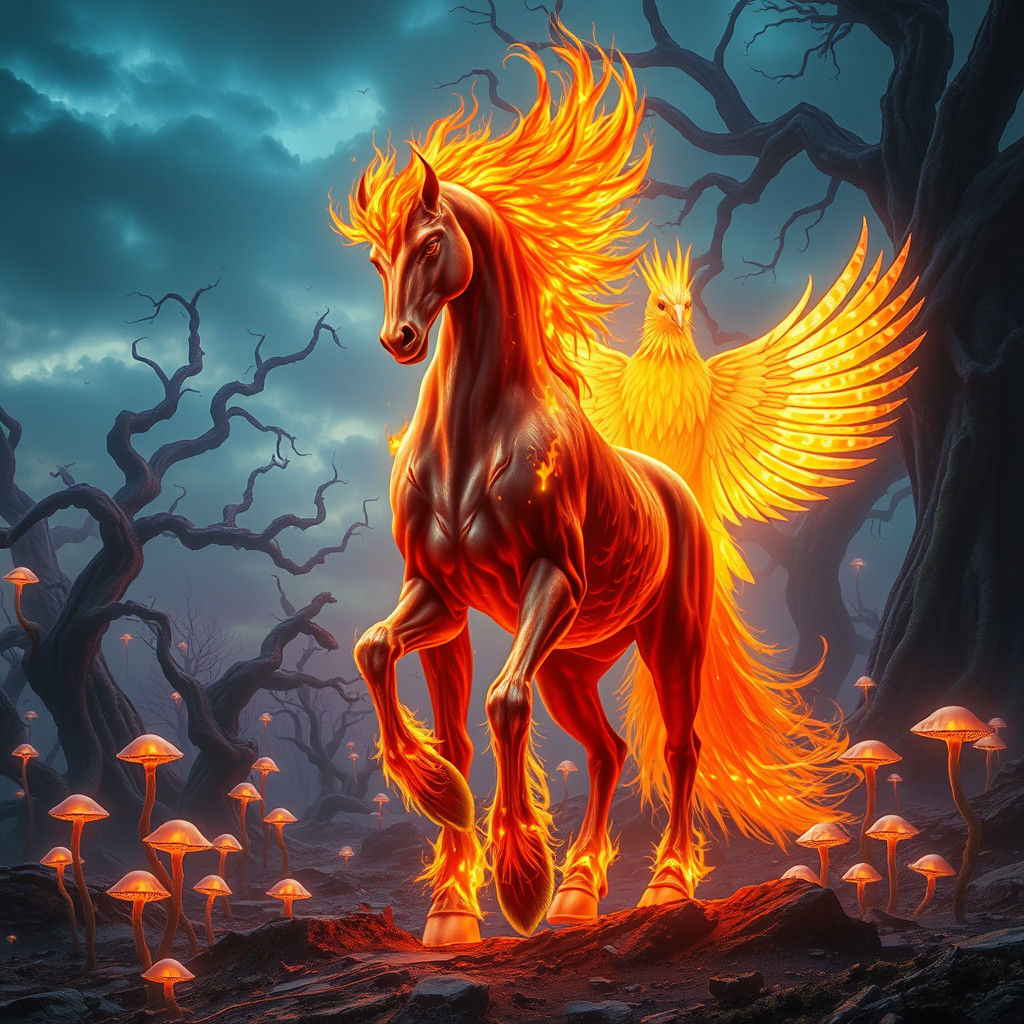 Majestic Feuerpferd and Radiant Phönix in Dreamlike Landscap...