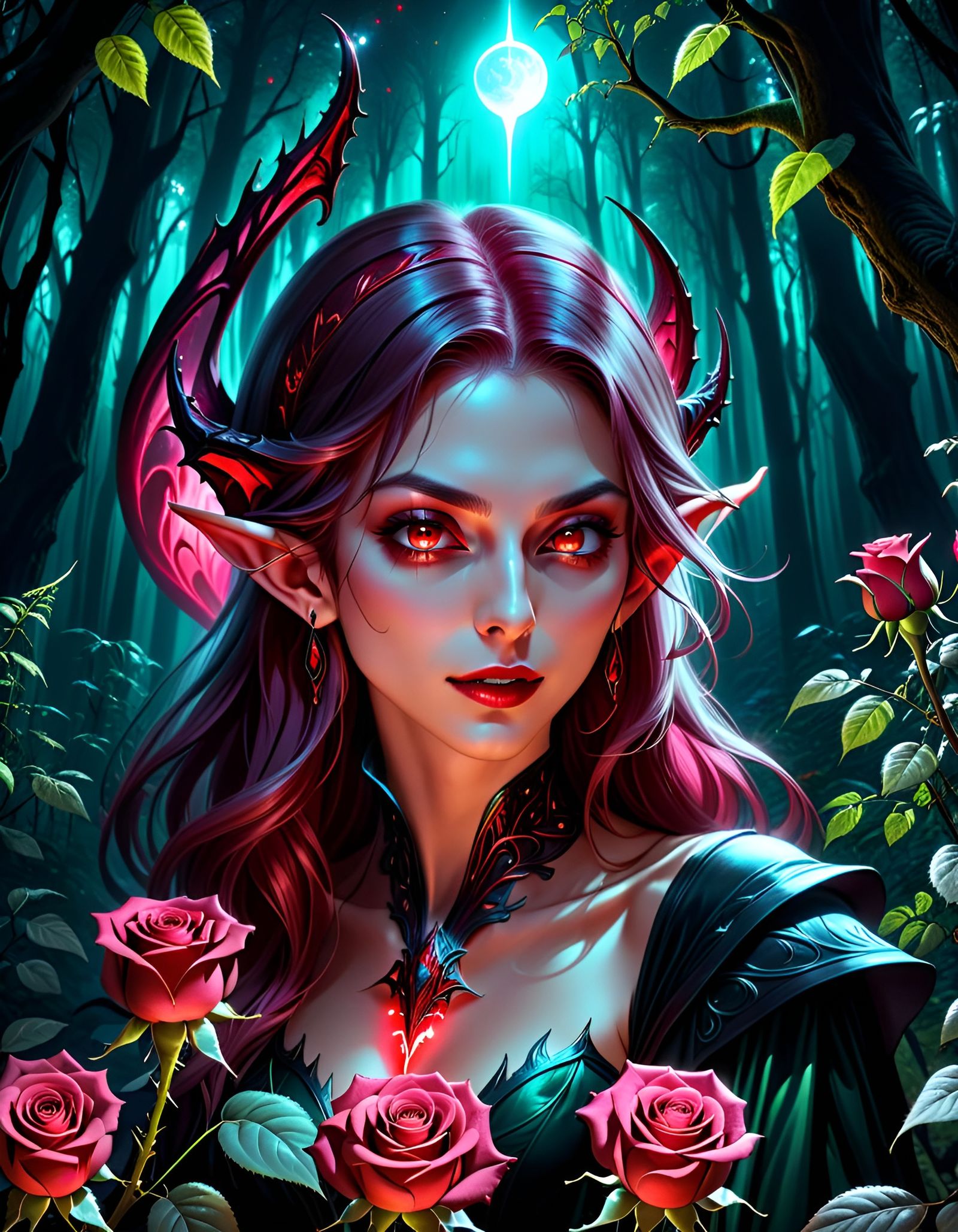 Bioluminescent Vampire Rose Portrait in Elven Palace