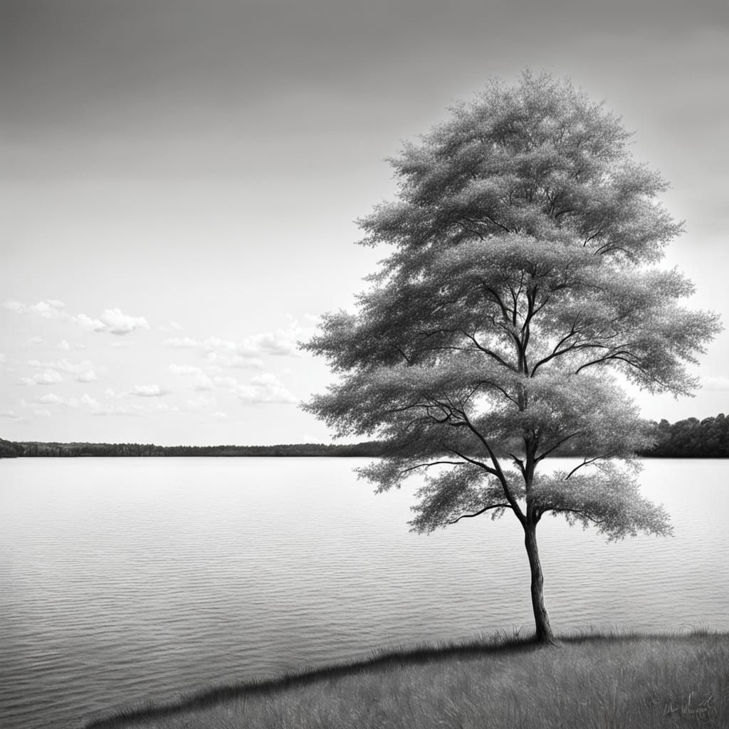 Simple Black and White Chalk Drawing of a Tree by a Lake