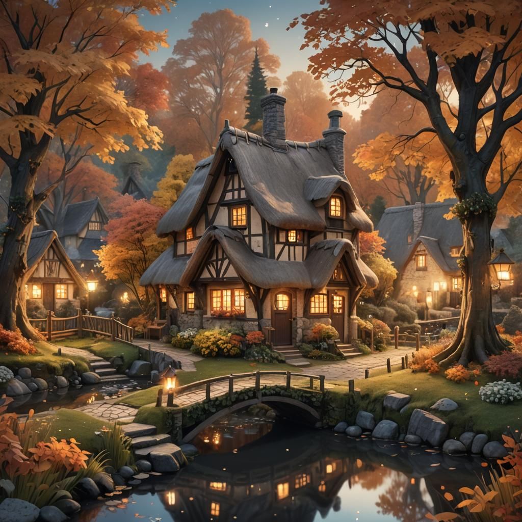 Whimsical Black and White Cottage in Autumn Scene
