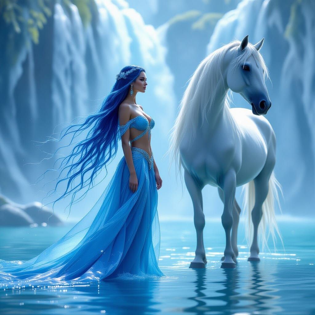 Water Goddess With Liquid Horse In Ethereal Light