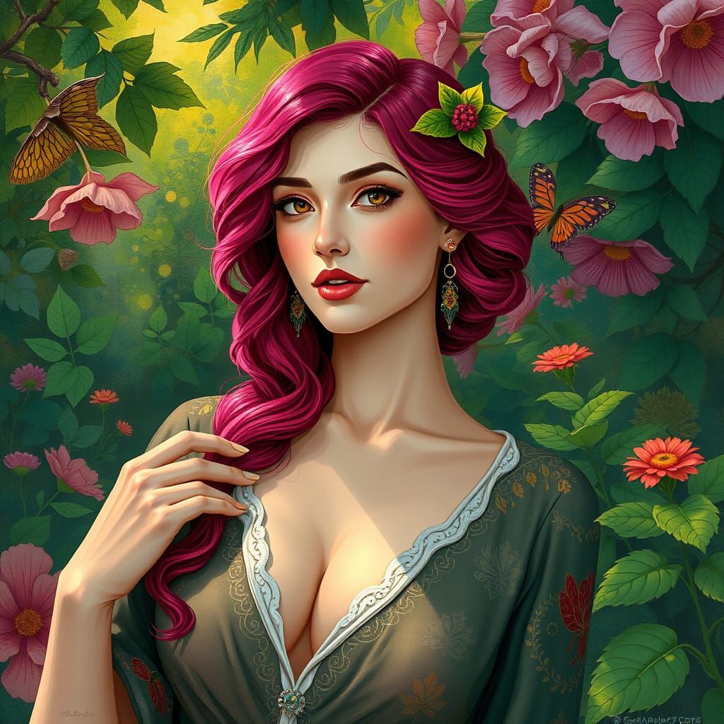 Raspberry Haired Woman in Lush Garden, Art Nouveau Style