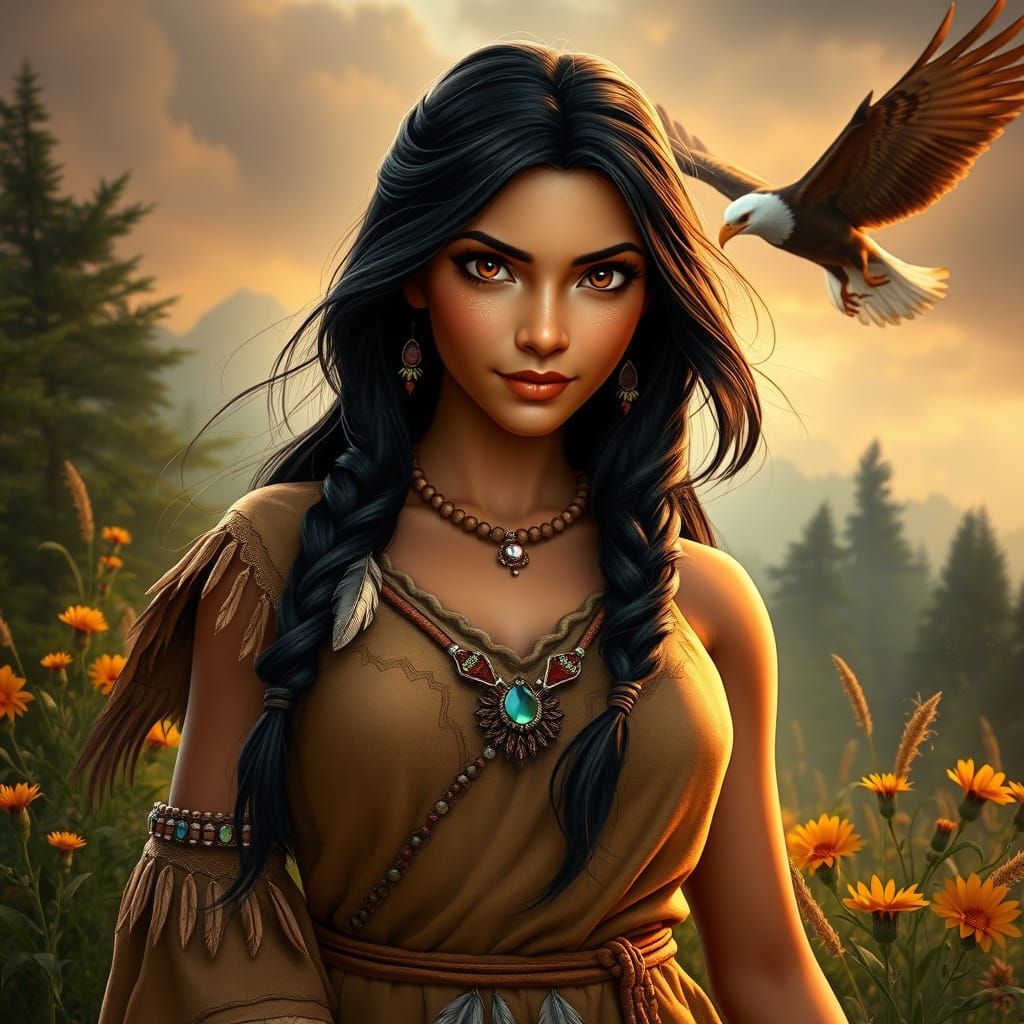 Hyperrealistic Disney Princess Pocahontas in a Lush Forest S...