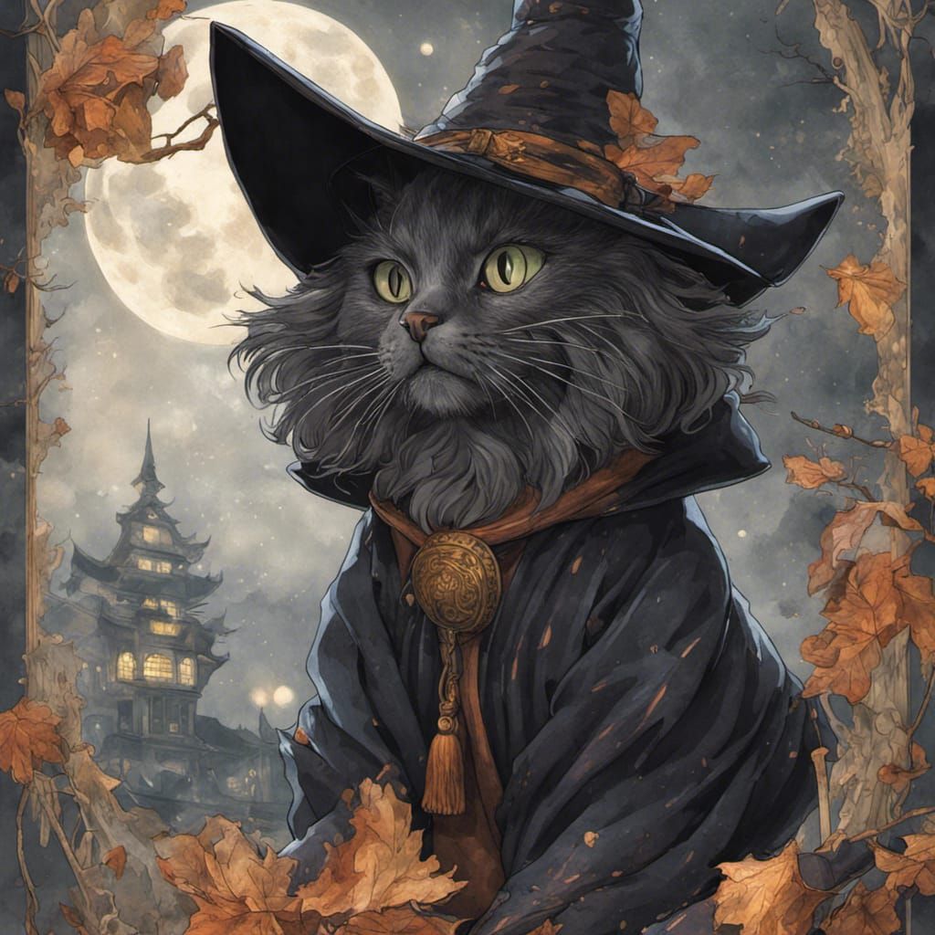 Halloween Witch Cat in Glass, Watercolor Style