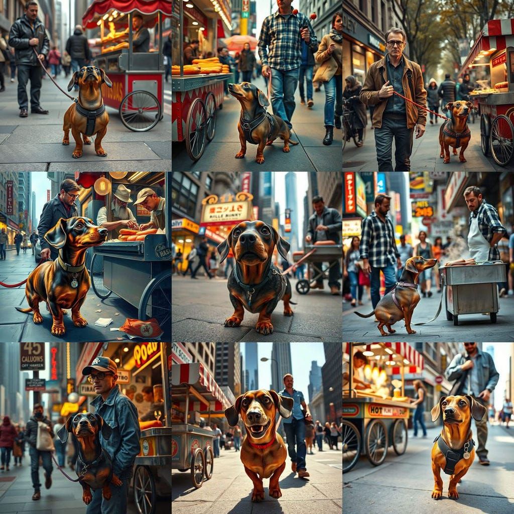 A Dachshund's Awe-Inspired Gaze at a Hotdog Vendor