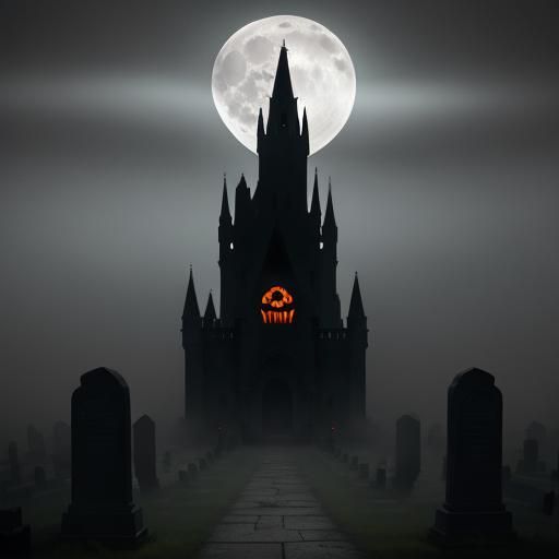 Creepy Jack-o'-Lantern in Foggy Cemetery, Hyper-Realistic Ar...