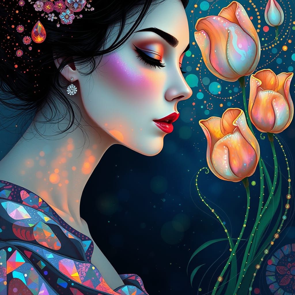 Whimsical Goddess in Iridescent Opal and Tulips, in Art Nouv...