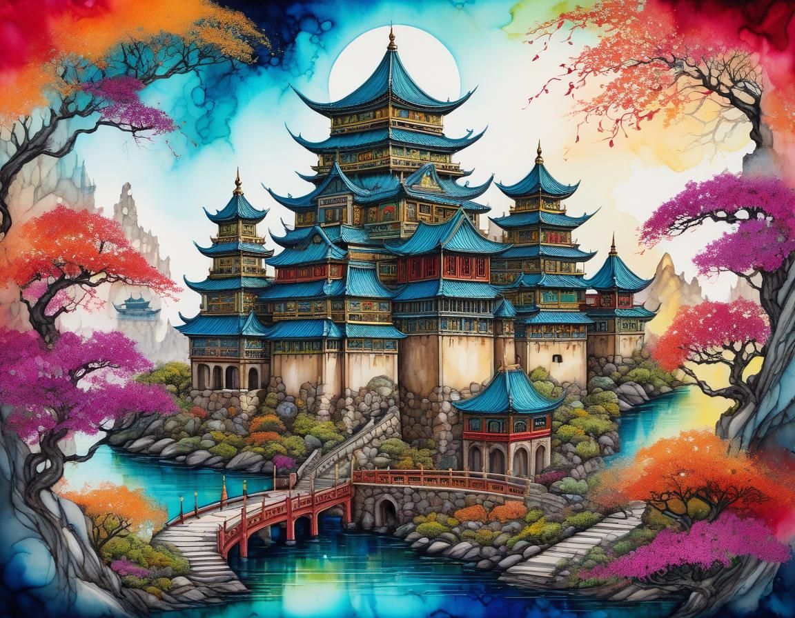 Enchanting Oriental Castle in Detailed Fantasy Art