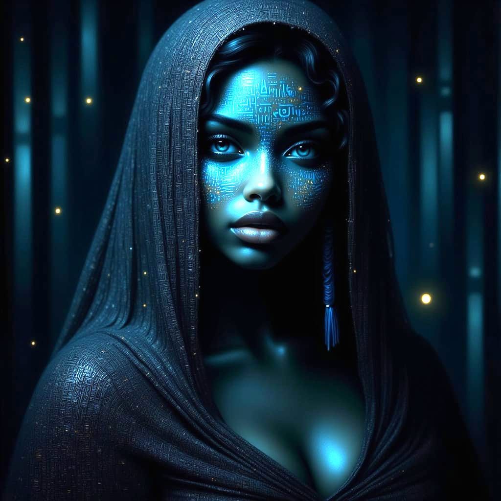 Mysterious Woman with Luminous Hieroglyph Tattoos in Chiaros...