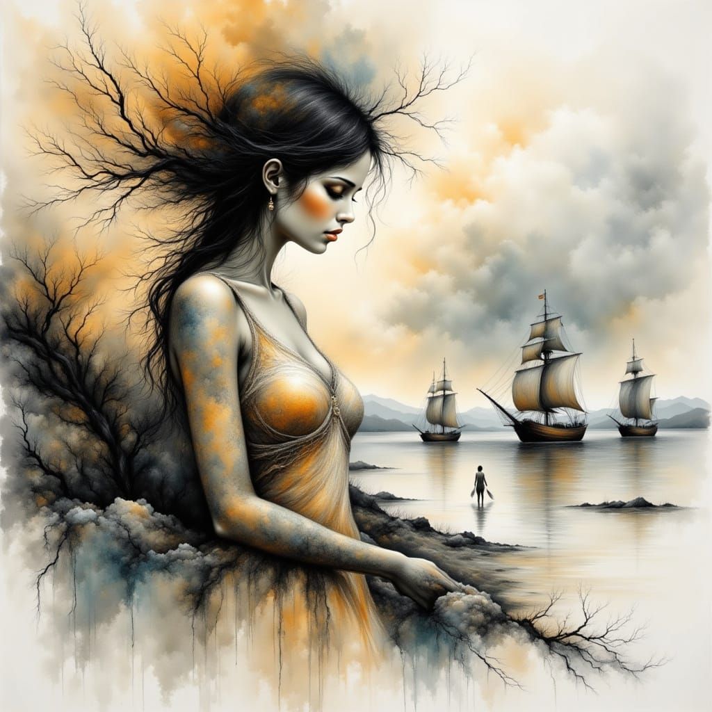 Ethereal Anime Woman in Muted Tones