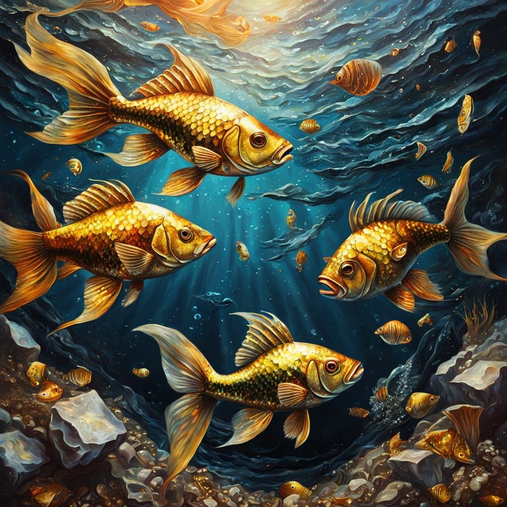 Surreal Oil Painting: Mermaid and Fish in Oil Spill