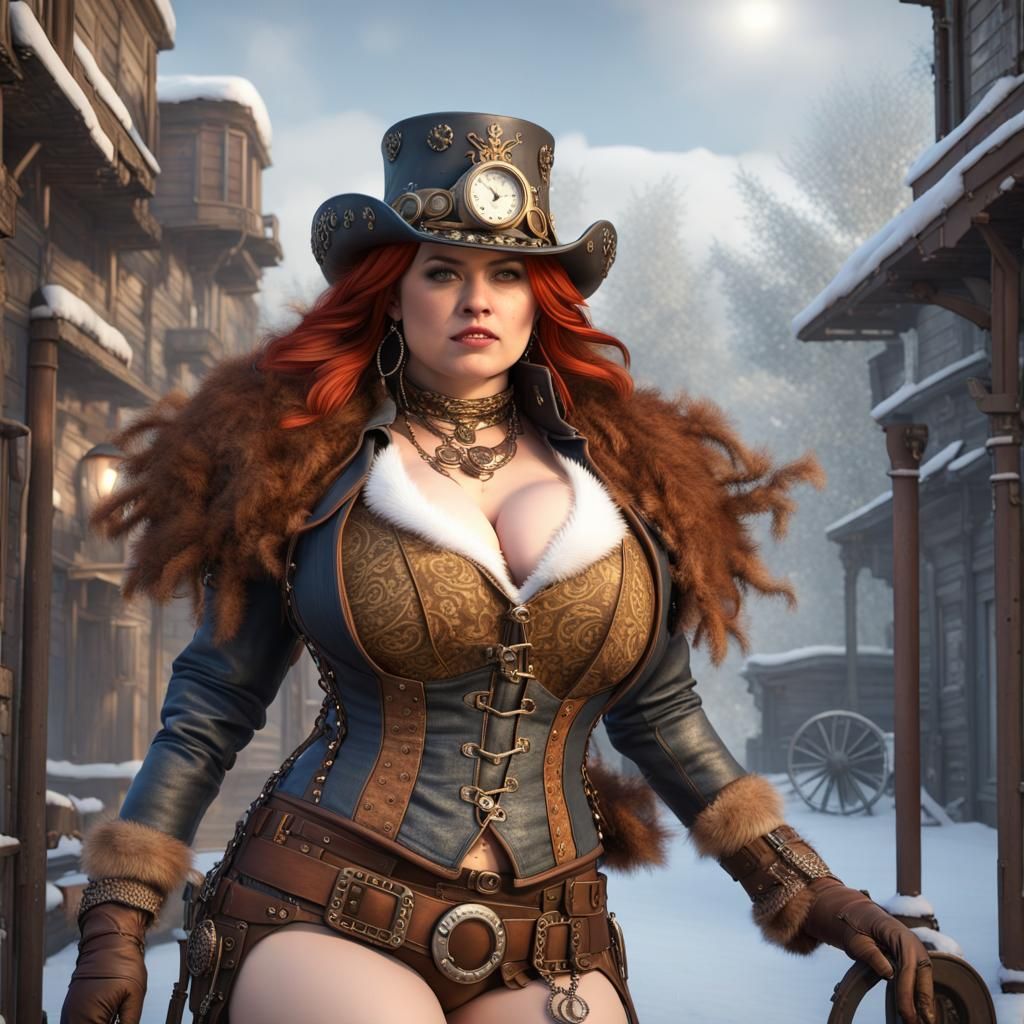 Steampunk Cowgirl in Winter Wonderland Portrait