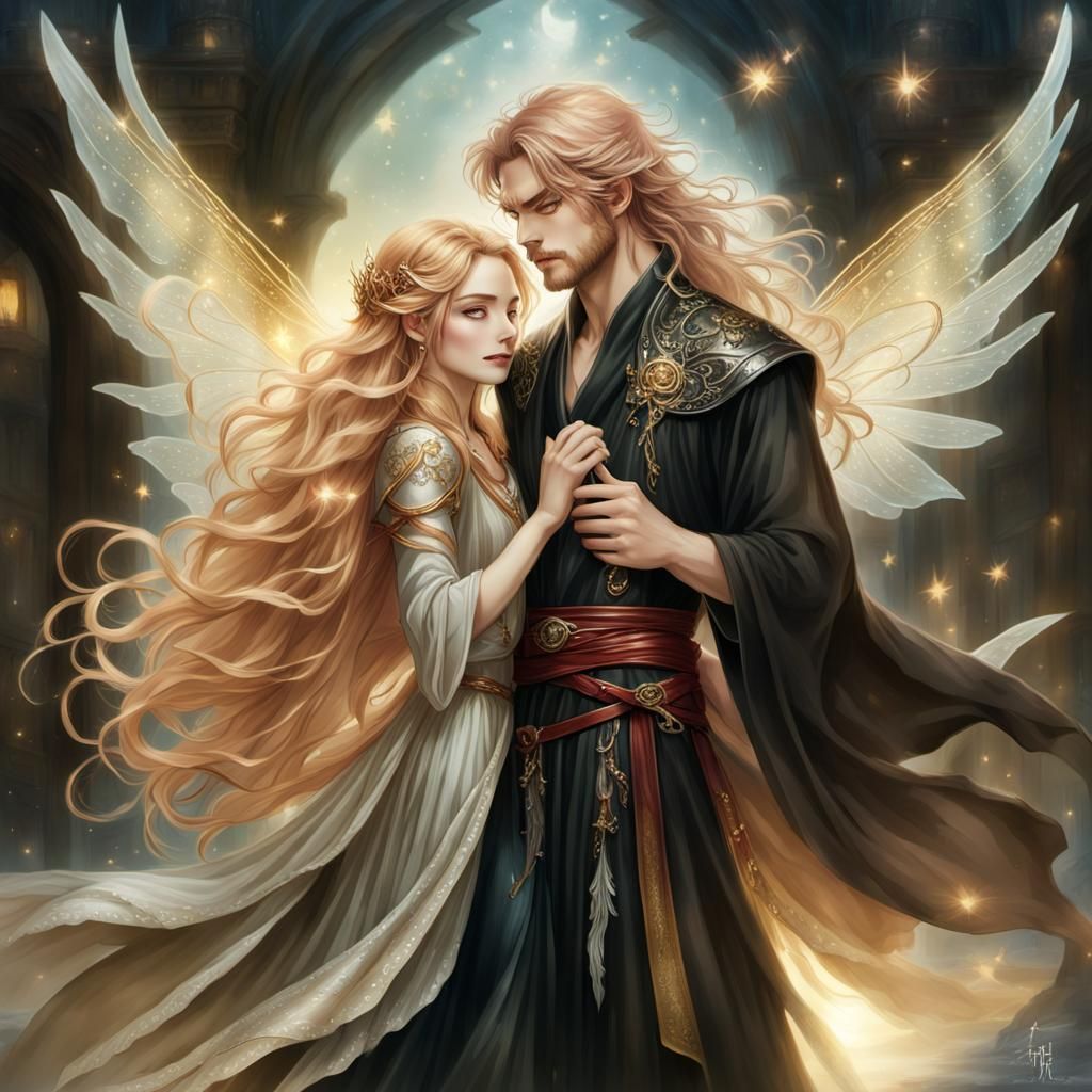 Wizard and Fairy Embrace in Dreamlike Fantasy Art