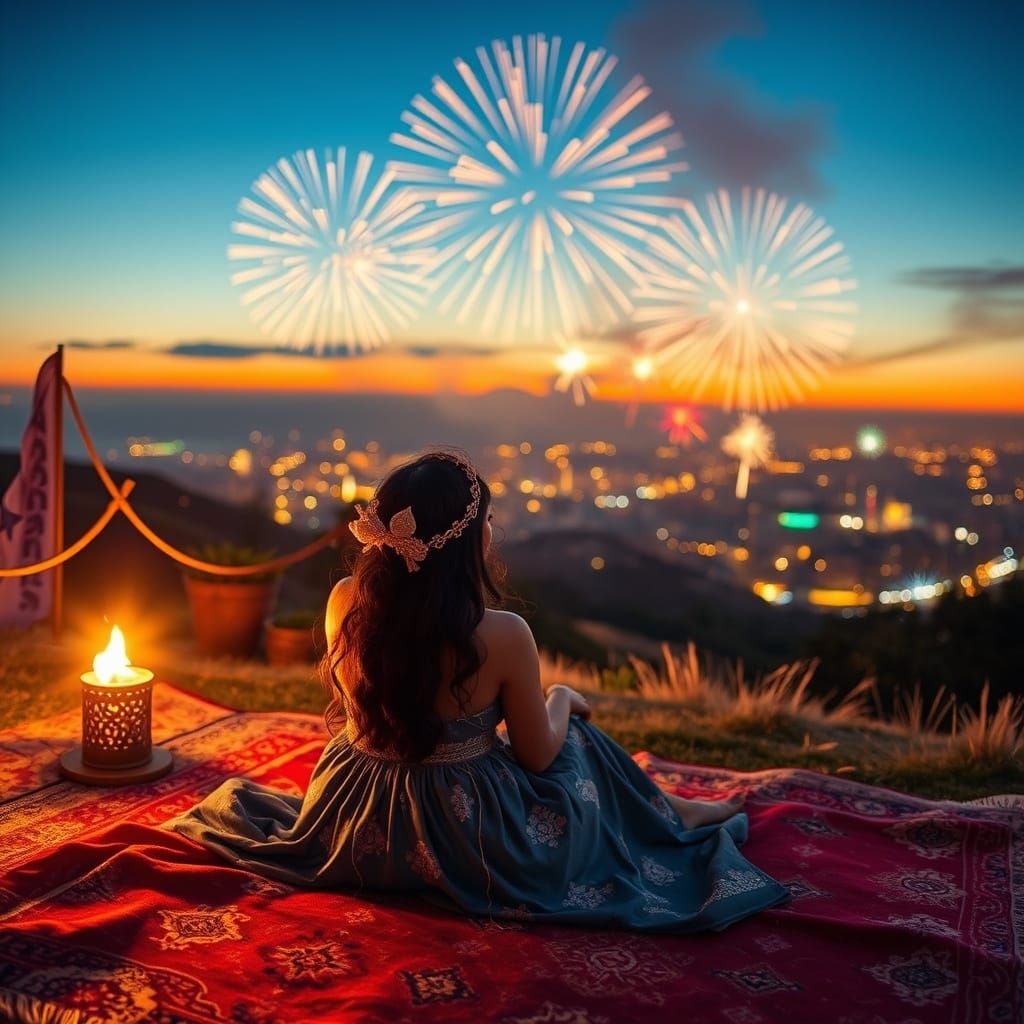 Girl Watching Fireworks on a Colorful Carpet