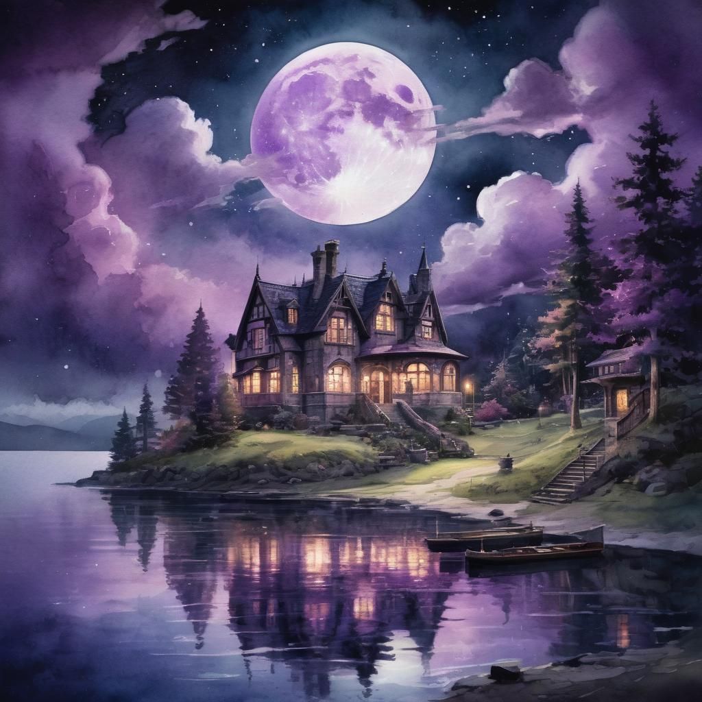 Hagrid's House Under Magical Moon, Watercolor Style