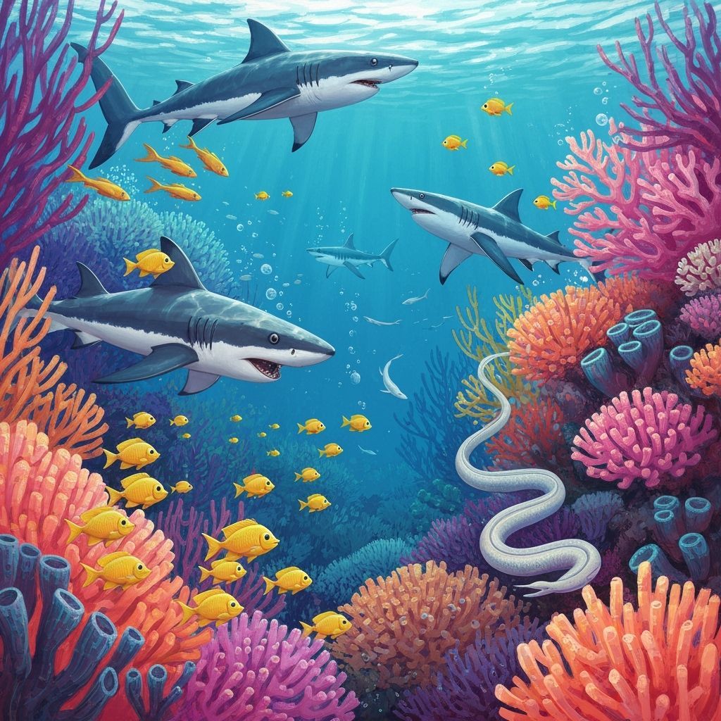 Underwater Scene with Sharks and Yellow Fish