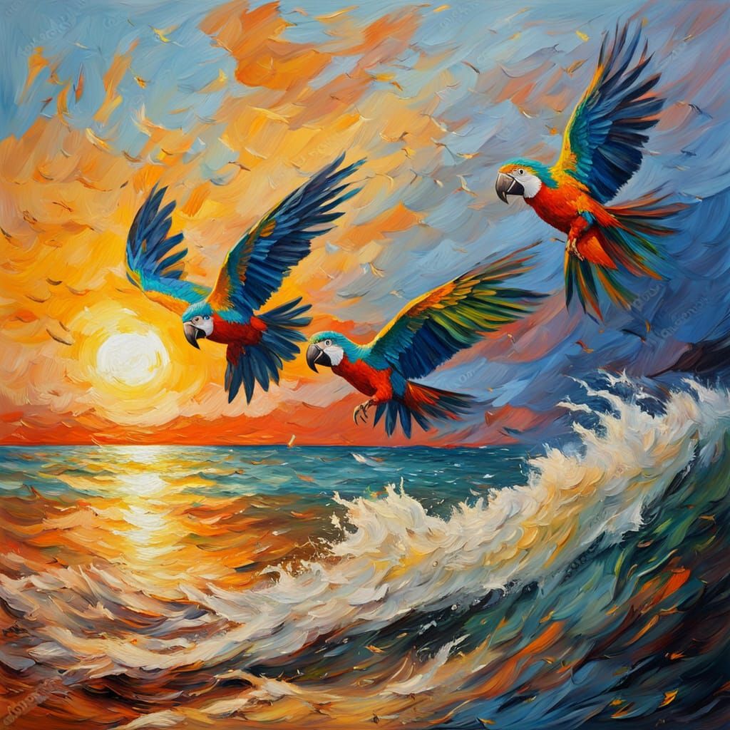 Parrots Flying Over Sea in Expressionist Impasto