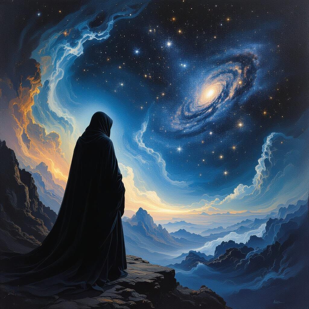 Cloaked Figure in Starry Abyss, Cosmic Dust Swirls