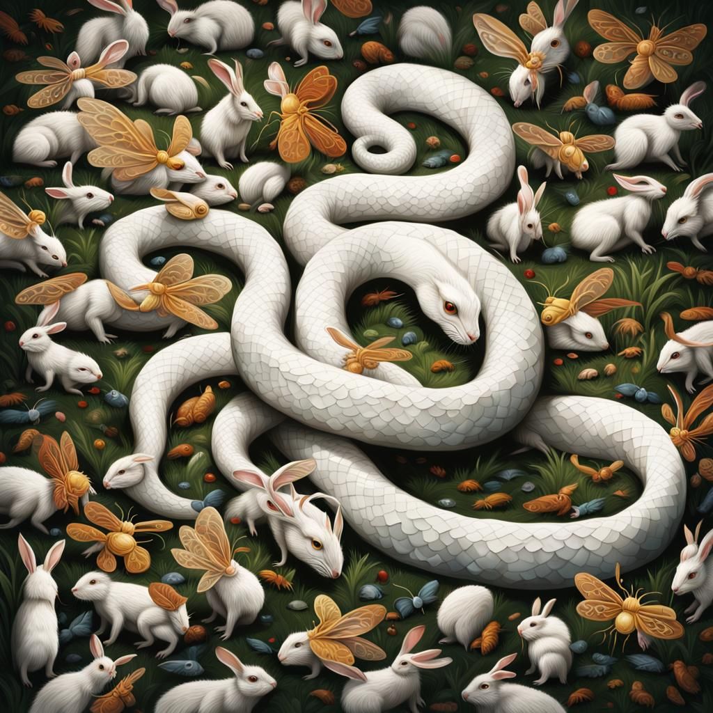 Albino Snake Surrounded by Rabbits and Wasps