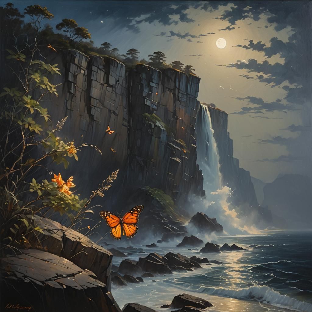 Moonlit Waterfall and Butterfly: Romanticism Oil Painting