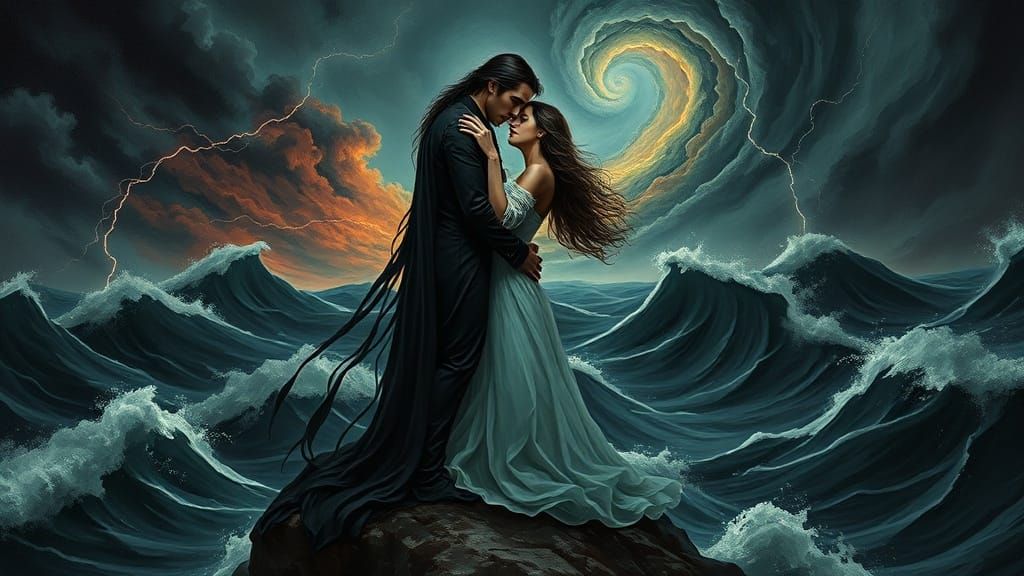 Vampire and Human Embrace in Gothic Storm
