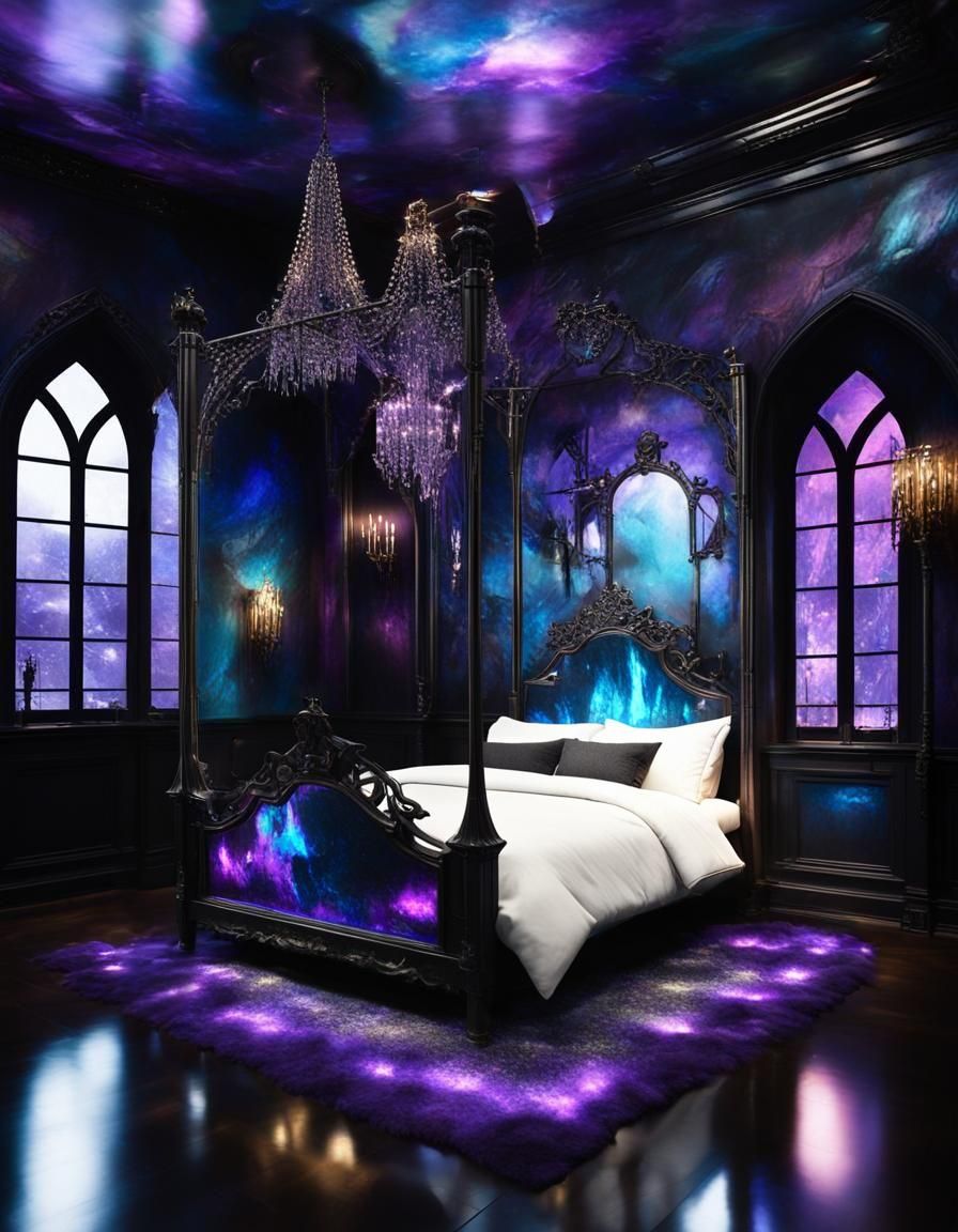Ethereal gothic bedroom with purple labradorite walls with b...
