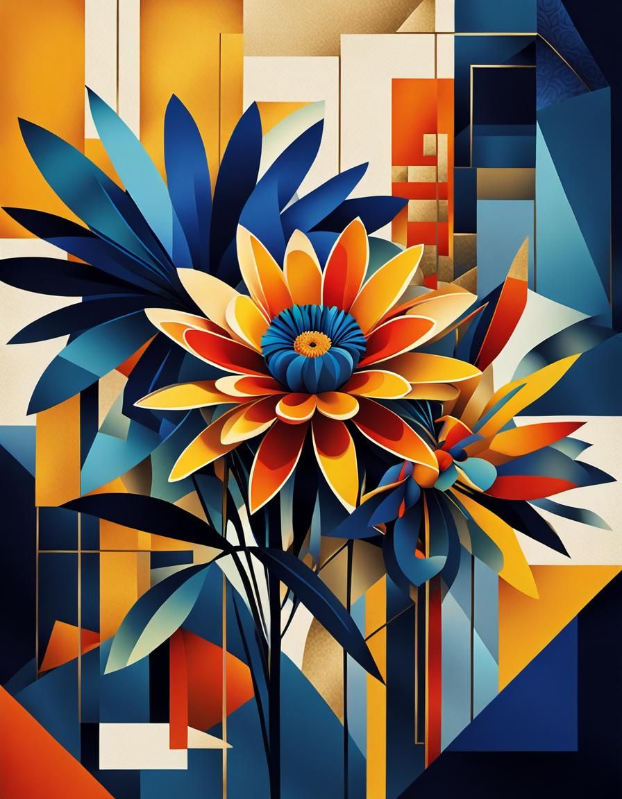 Bauhaus Digital Art: Geometric Flowers in Deep Blues