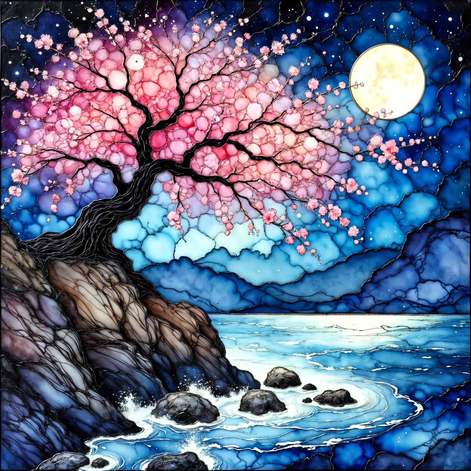 Moonlit Landscape with Cherry Blossoms as Alcohol Ink Art