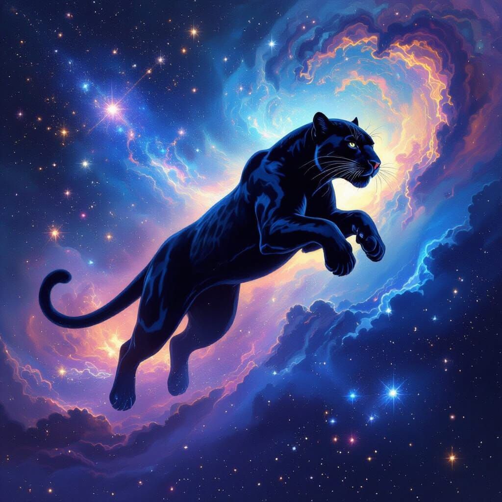 Majestic Black Panther Leaping Through Cosmic Nebula