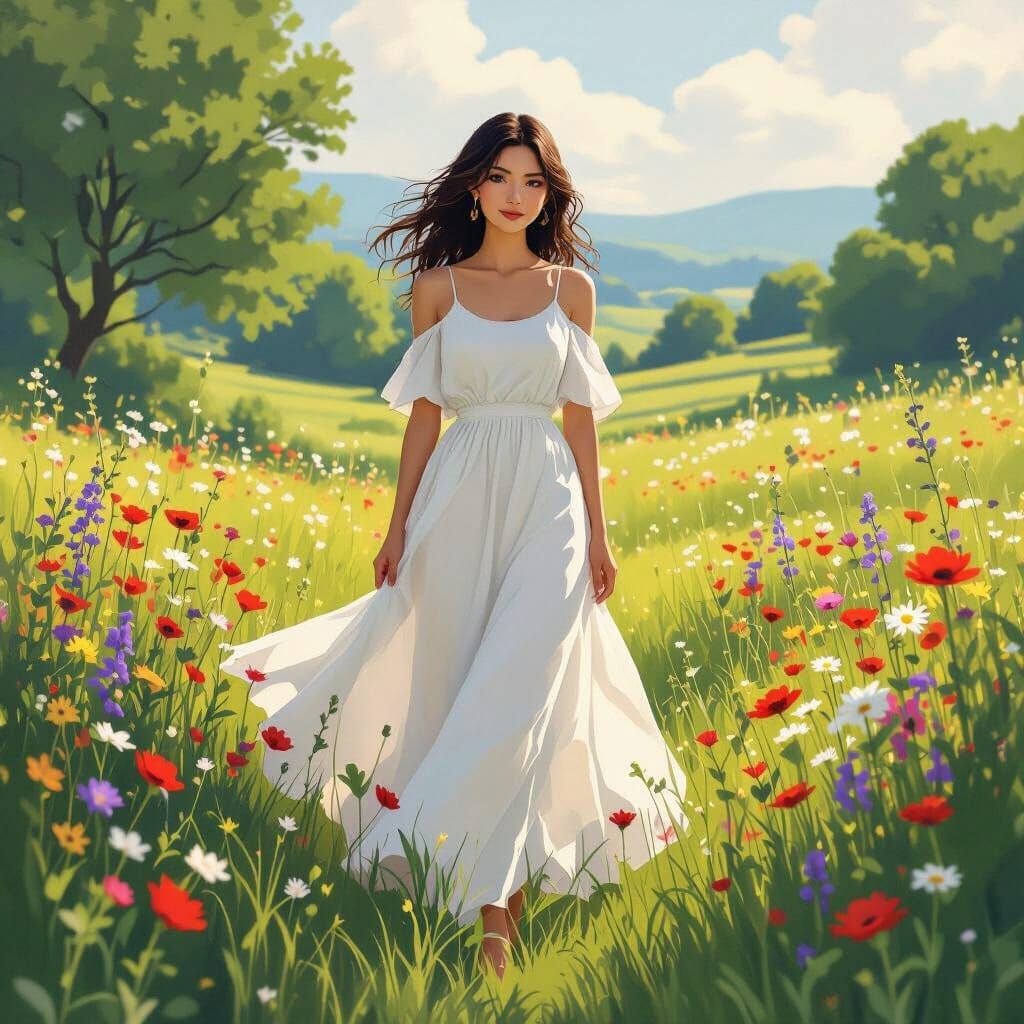 Confident Woman in Serene Landscape, Miyazaki Inspired