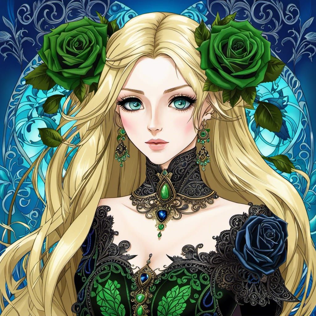 Gothic Anime Woman with Sapphire Eyes and Roses