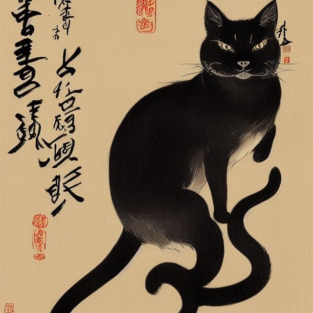 Sinister Black Cat in Kimono: Japanese Scroll Art