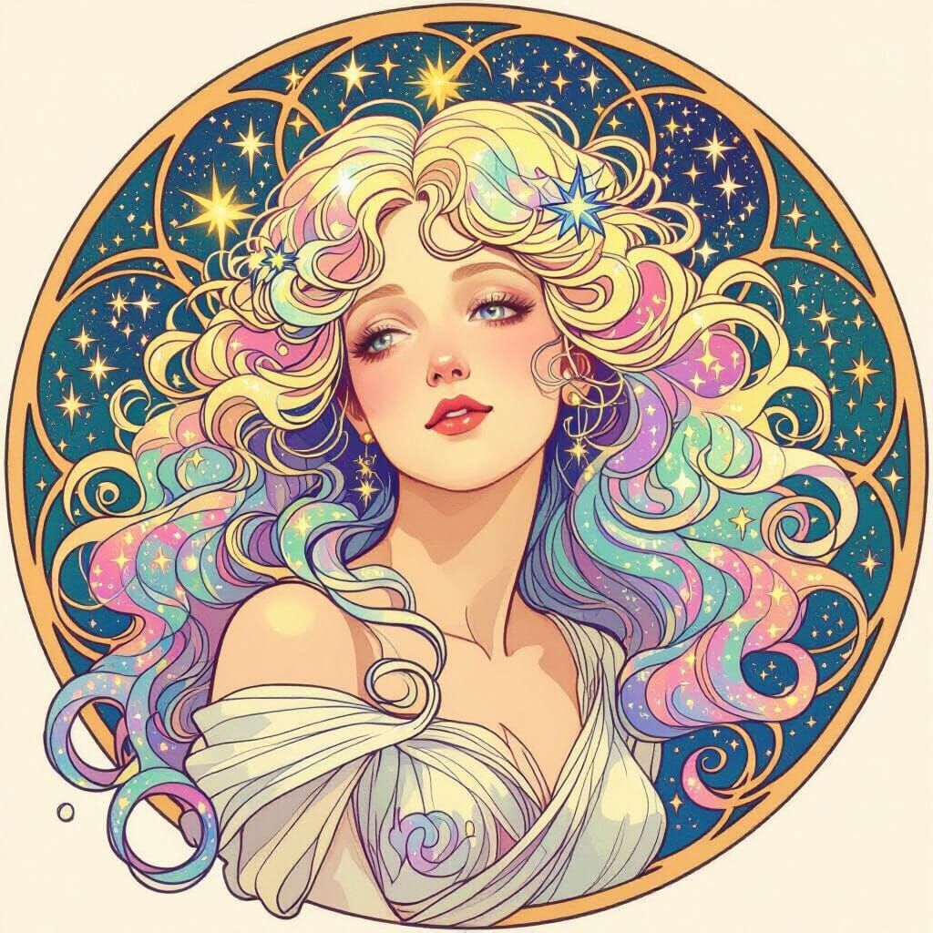 Ethereal Goddess with Nebula Hair in Art Nouveau Style