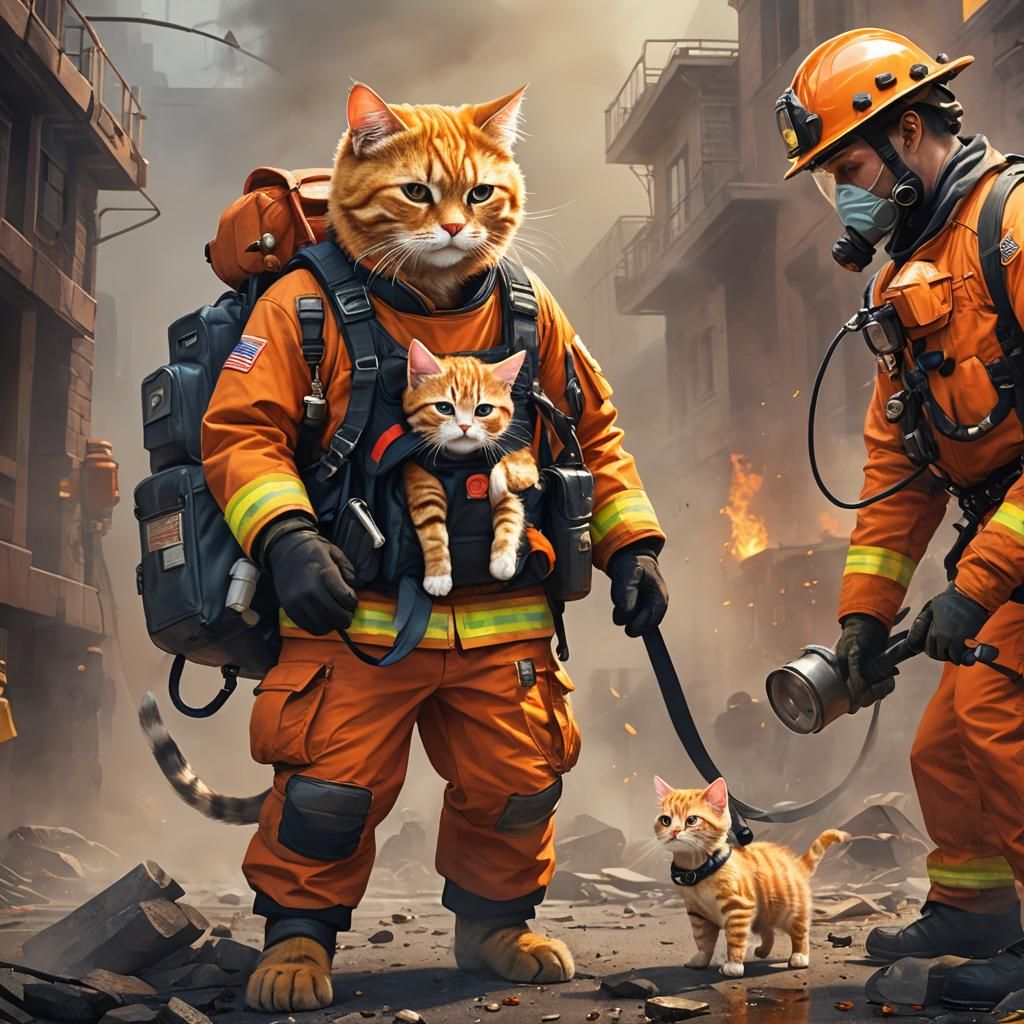 Anthropomorphic Cat Firefighter Rescue in Detailed Digital A...