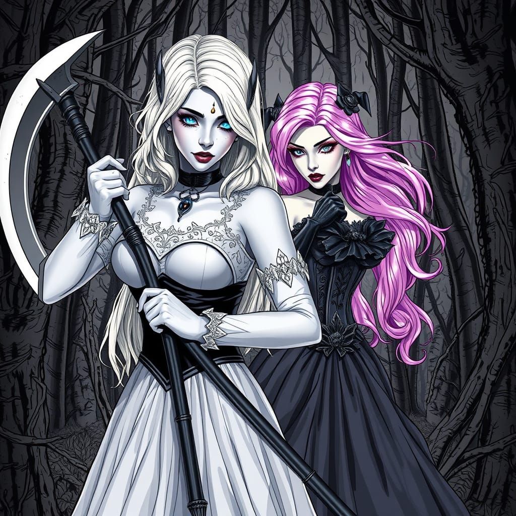 Gothic Fantasy Art: Scythe Posing Women in Woods