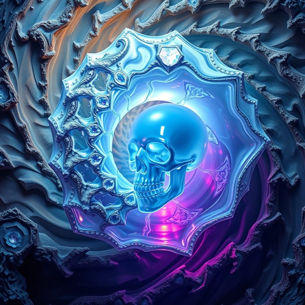 Crystal Nautilus Skull in Swirling Fractal Vortex