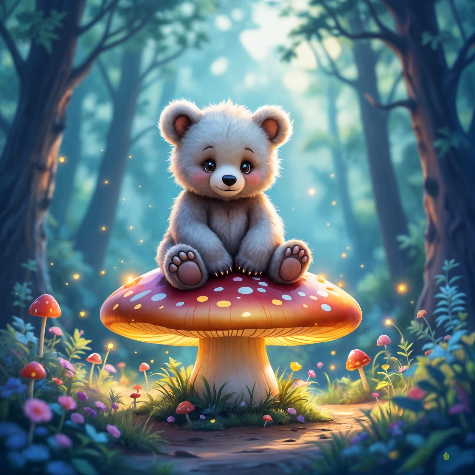 Whimsical Bear on Glowing Mushroom in Enchanted Forest