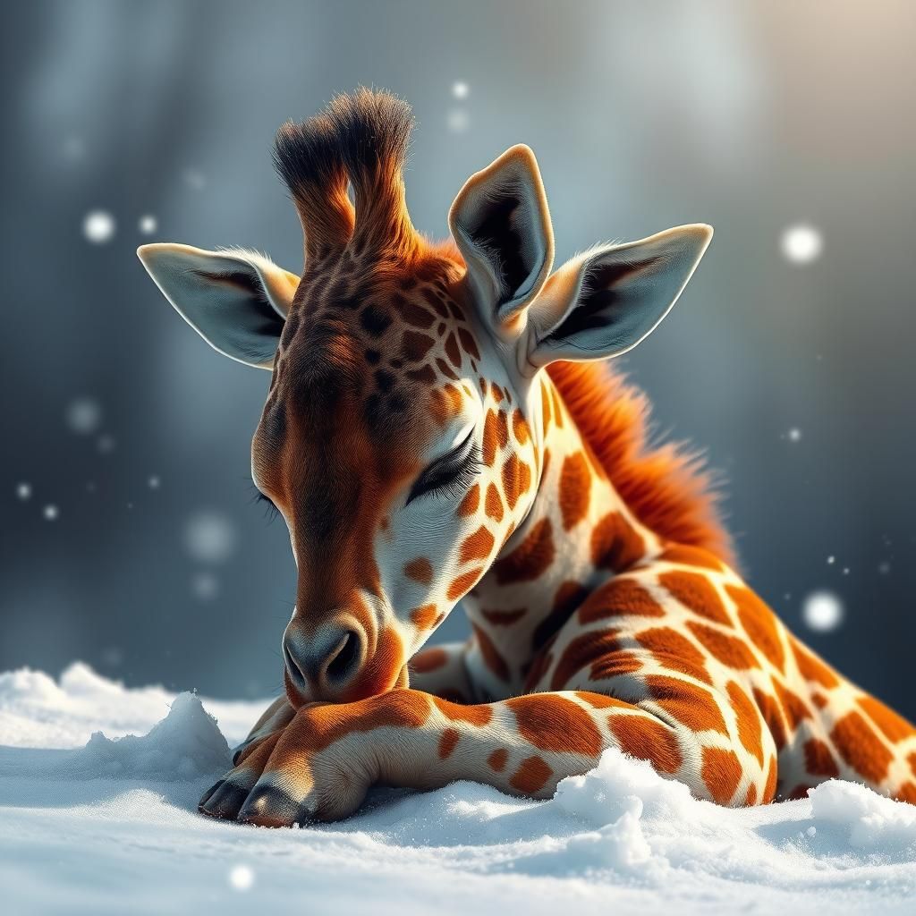 Baby Giraffe Sleeping in Snow: Hyperrealistic Art