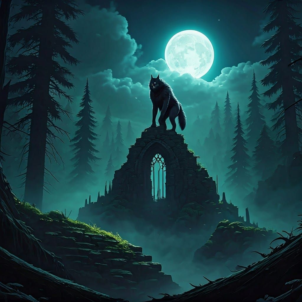 Majestic Werewolf Dominates Ancient Forest Ruin Under Golden...